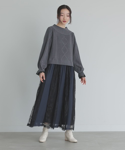 somari imagination（ソマリ イマジネーション）の「『レースドッキングケーブルニットワンピース』（ワンピース・レディース・チャコール/ピンクベージュ・1/2）」の9枚目の写真