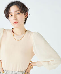 袖シフォンパフスリーブプルオーバーニット