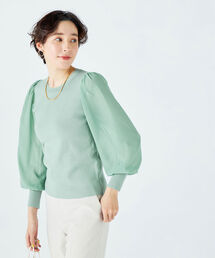 袖シフォンパフスリーブプルオーバーニット