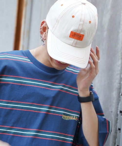 UNIVERSAL OVERALL（ユニバーサルオーバーオール）の「UNIVERSAL OVERALL ユニバーサルオーバーオール ヘリンボーン配色ステッチキャップ（キャップ・メンズ・ベビーピンク/ライラック/ブラック/オフホワイト/ライトブルー・フリー）」の2枚目の写真