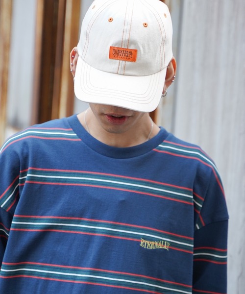 UNIVERSAL OVERALL（ユニバーサルオーバーオール）の「UNIVERSAL OVERALL ユニバーサルオーバーオール ヘリンボーン配色ステッチキャップ（キャップ・メンズ・ベビーピンク/ライラック/ブラック/オフホワイト/ライトブルー・フリー）」の7枚目の写真