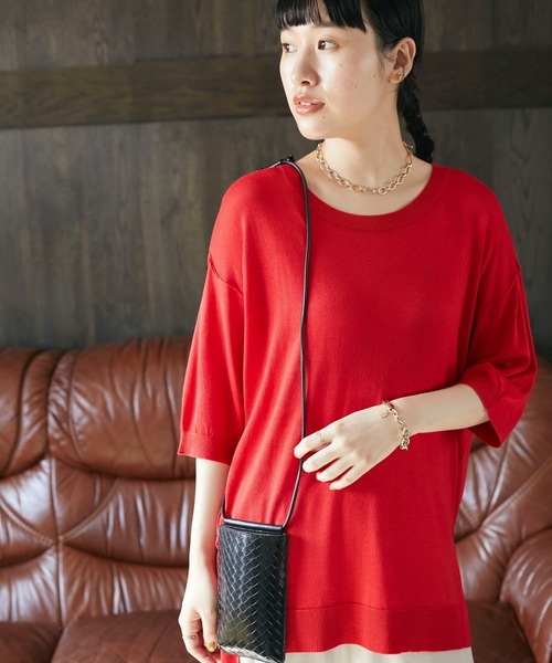 CRAFT STANDARD BOUTIQUE(クラフトスタンダードブティック)の「クルーネックスリット半袖ニットプルオーバー *◆(ニット/セーター・レディース・グレイッシュベージュ/ブラック/マスタード/レッド/ブラウン・FREE)」の5枚目の写真