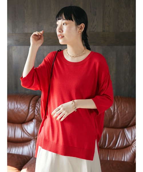 CRAFT STANDARD BOUTIQUE(クラフトスタンダードブティック)の「クルーネックスリット半袖ニットプルオーバー *◆(ニット/セーター・レディース・グレイッシュベージュ/ブラック/マスタード/レッド/ブラウン・FREE)」の8枚目の写真