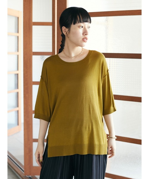 CRAFT STANDARD BOUTIQUE(クラフトスタンダードブティック)の「クルーネックスリット半袖ニットプルオーバー *◆(ニット/セーター・レディース・グレイッシュベージュ/ブラック/マスタード/レッド/ブラウン・FREE)」の7枚目の写真