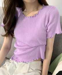 【伸縮性有】程良い袖のゆる感。半袖 ラウンドネック メロウフリル リブ Tシャツ レディース