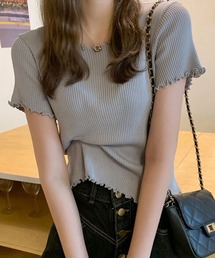 【伸縮性有】程良い袖のゆる感。半袖 ラウンドネック メロウフリル リブ Tシャツ レディース