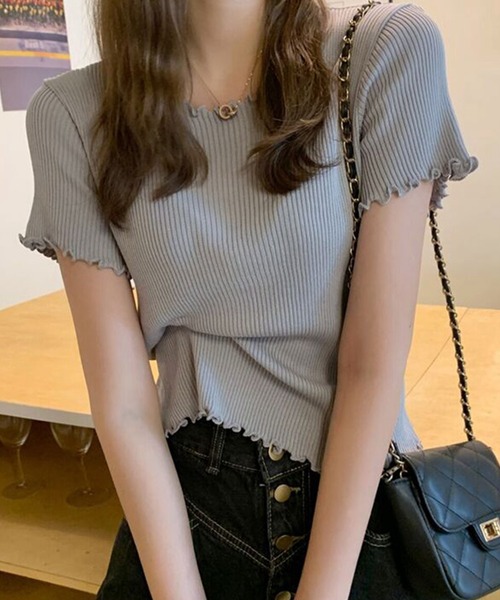 DAY CLOSET(デイ クローゼット)の「【伸縮性有】程良い袖のゆる感。半袖 ラウンドネック メロウフリル リブ Tシャツ レディース(Tシャツ/カットソー・レディース・サーモンピンク/ブラック/グレー/ミント/パープル/ホワイト・ONE SIZE)」の3枚目の写真