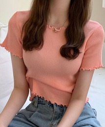 【伸縮性有】程良い袖のゆる感。半袖 ラウンドネック メロウフリル リブ Tシャツ レディース