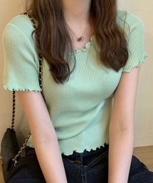 【伸縮性有】程良い袖のゆる感。半袖 ラウンドネック メロウフリル リブ Tシャツ レディース