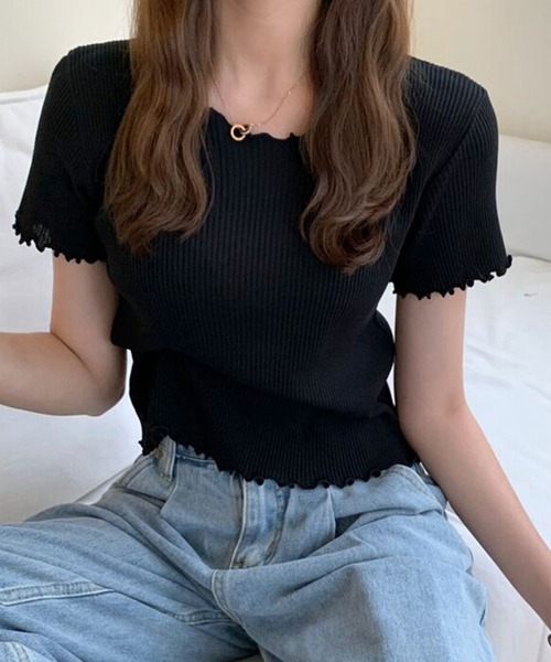 DAY CLOSET(デイ クローゼット)の「【伸縮性有】程良い袖のゆる感。半袖 ラウンドネック メロウフリル リブ Tシャツ レディース(Tシャツ/カットソー・レディース・サーモンピンク/ブラック/グレー/ミント/パープル/ホワイト・ONE SIZE)」の13枚目の写真