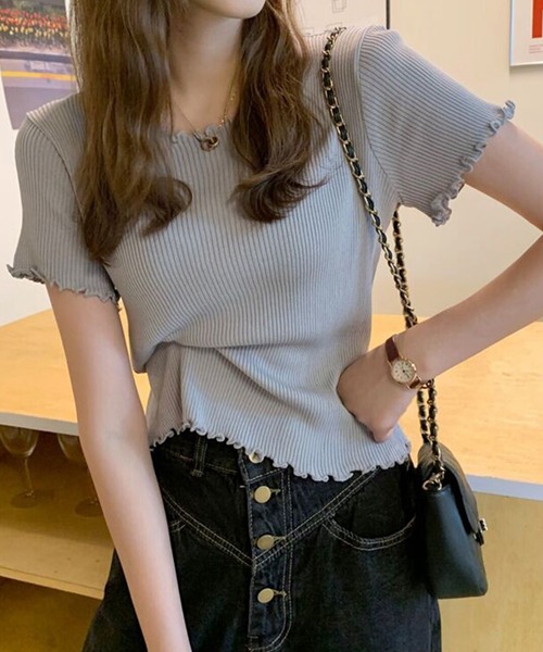 DAY CLOSET(デイ クローゼット)の「【伸縮性有】程良い袖のゆる感。半袖 ラウンドネック メロウフリル リブ Tシャツ レディース(Tシャツ/カットソー・レディース・サーモンピンク/ブラック/グレー/ミント/パープル/ホワイト・ONE SIZE)」の15枚目の写真