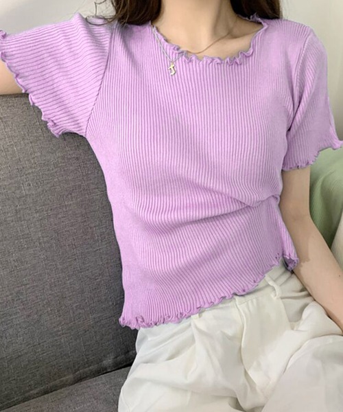 DAY CLOSET(デイ クローゼット)の「【伸縮性有】程良い袖のゆる感。半袖 ラウンドネック メロウフリル リブ Tシャツ レディース(Tシャツ/カットソー・レディース・サーモンピンク/ブラック/グレー/ミント/パープル/ホワイト・ONE SIZE)」の9枚目の写真