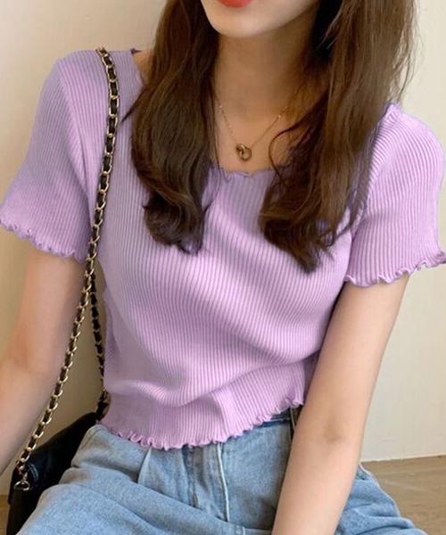 DAY CLOSET(デイ クローゼット)の「【伸縮性有】程良い袖のゆる感。半袖 ラウンドネック メロウフリル リブ Tシャツ レディース(Tシャツ/カットソー・レディース・サーモンピンク/ブラック/グレー/ミント/パープル/ホワイト・ONE SIZE)」の8枚目の写真