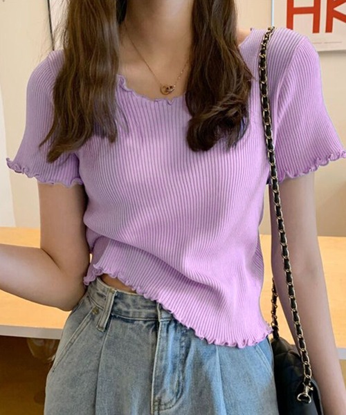 DAY CLOSET(デイ クローゼット)の「【伸縮性有】程良い袖のゆる感。半袖 ラウンドネック メロウフリル リブ Tシャツ レディース(Tシャツ/カットソー・レディース・サーモンピンク/ブラック/グレー/ミント/パープル/ホワイト・ONE SIZE)」の7枚目の写真