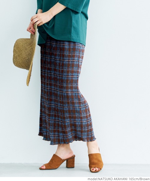 coca(coca)(コカ)の「チェック柄楊柳プリーツスカート(スカート・レディース・ブラウン/グリーン・ONE SIZE)」の4枚目の写真