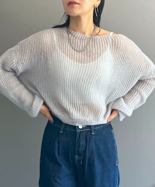 Jewelobe(ジュエローブ)の「ゆるシアーモヘアタッチニットプルオーバー(ニット/セーター・レディース・ライトグレー/パープル/オフホワイト/ブルー/グリーン・FREE)」の3枚目の写真