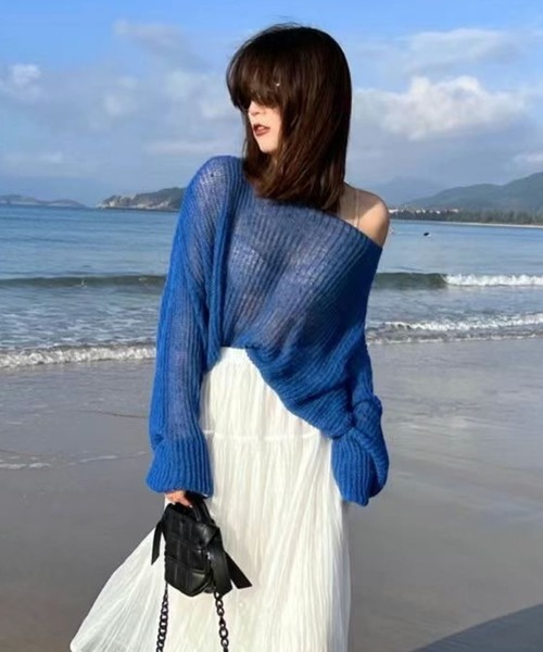 Jewelobe(ジュエローブ)の「ゆるシアーモヘアタッチニットプルオーバー(ニット/セーター・レディース・ライトグレー/パープル/オフホワイト/ブルー/グリーン・FREE)」の6枚目の写真