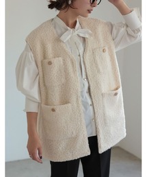 Re:EDIT | [2022A/W COLLECTION]オーバーサイズループツイードノーカラーボアベスト(ノーカラージャケット)
