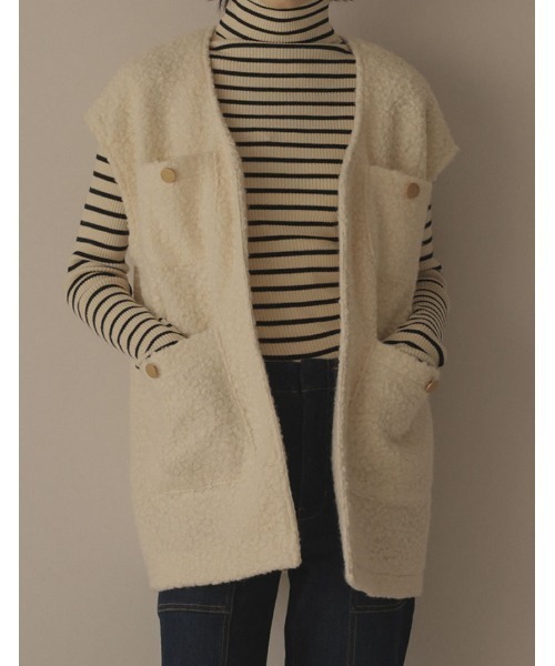 [2022A/WCOLLECTION]オーバーサイズループツイードノーカラーボアベスト