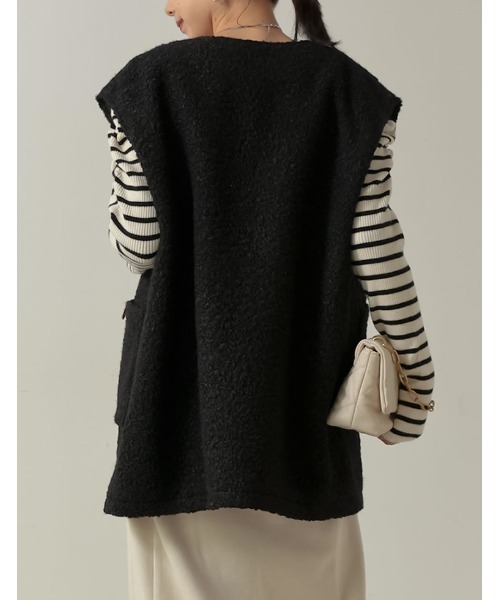 [2022A/WCOLLECTION]オーバーサイズループツイードノーカラーボアベスト