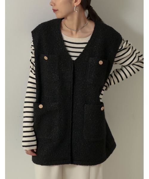 [2022A/WCOLLECTION]オーバーサイズループツイードノーカラーボアベスト