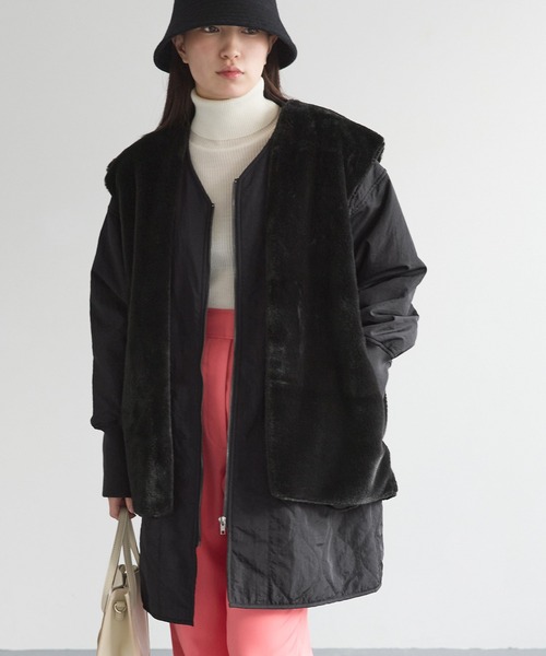 Chaco closet（チャコ クローゼット）の「マルチウェイ キルティングノーカラーミドル丈ジャケット&ファーベスト（ブルゾン・レディース・アイボリー/カーキ/ブラック・FREE）」の3枚目の写真