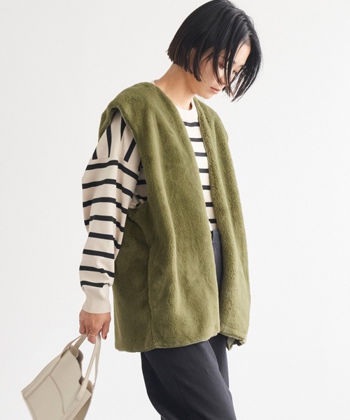 Chaco closet（チャコ クローゼット）の「マルチウェイ キルティングノーカラーミドル丈ジャケット&ファーベスト（ブルゾン・レディース・アイボリー/カーキ/ブラック・FREE）」の13枚目の写真