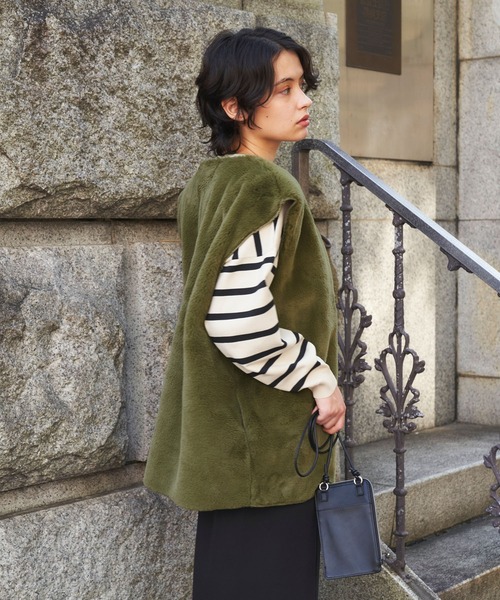 Chaco closet（チャコ クローゼット）の「マルチウェイ キルティングノーカラーミドル丈ジャケット&ファーベスト（ブルゾン・レディース・アイボリー/カーキ/ブラック・FREE）」の22枚目の写真