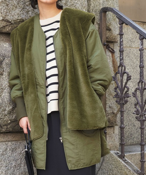 Chaco closet（チャコ クローゼット）の「マルチウェイ キルティングノーカラーミドル丈ジャケット&ファーベスト（ブルゾン・レディース・アイボリー/カーキ/ブラック・FREE）」の21枚目の写真