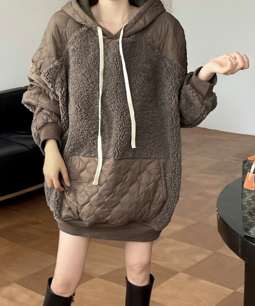 ボア切り替えキルティングパーカー