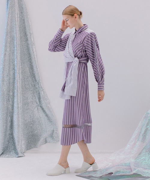 AULA AILA(アウラアイラ)の「スリーブベルトストライプシャツワンピース(シャツワンピース・レディース・ブルー/パープル/ブラック・0)」の6枚目の写真