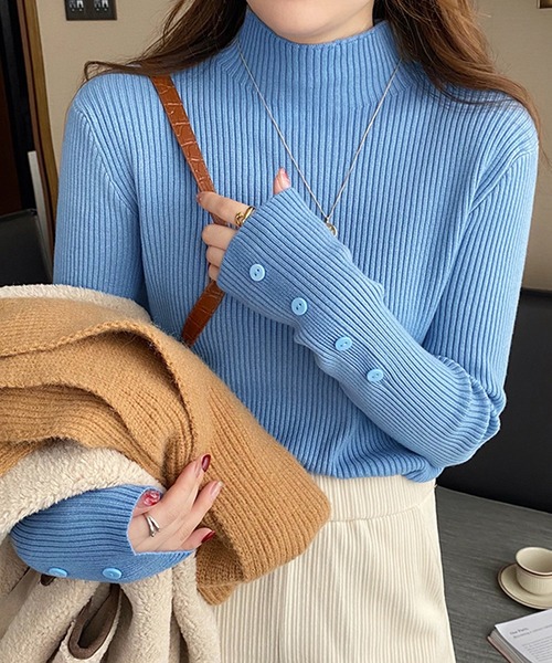 Doula Doula（ドゥーラドゥーラ）の「袖ボタンリブニットトップス（ニット/セーター・レディース・オレンジ/ベージュ/モカ/キャメル/グリーン/ホワイト/ブラウン/グレー/ブルー/ブラック・FREE）」の8枚目の写真