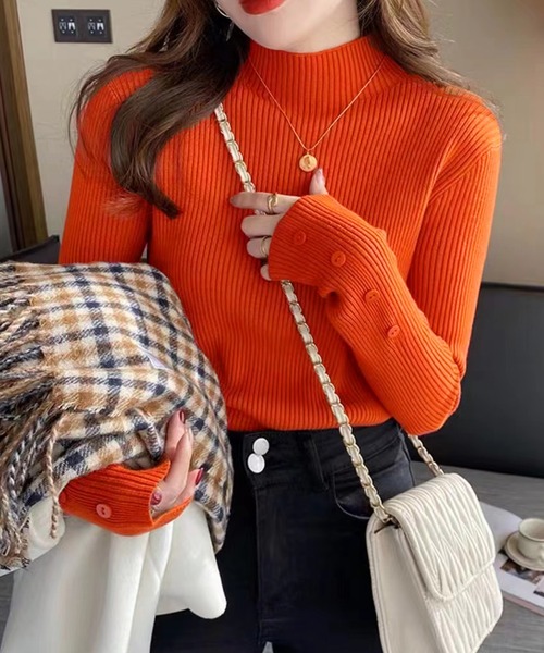 Doula Doula（ドゥーラドゥーラ）の「袖ボタンリブニットトップス（ニット/セーター・レディース・オレンジ/ベージュ/モカ/キャメル/グリーン/ホワイト/ブラウン/グレー/ブルー/ブラック・FREE）」の21枚目の写真