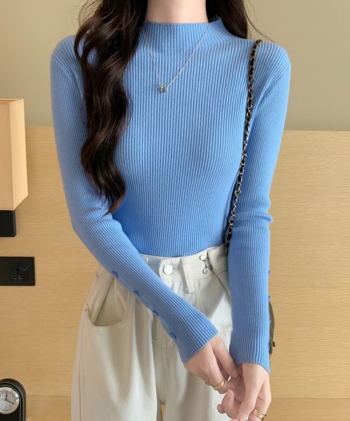 Doula Doula（ドゥーラドゥーラ）の「袖ボタンリブニットトップス（ニット/セーター・レディース・オレンジ/ベージュ/モカ/キャメル/グリーン/ホワイト/ブラウン/グレー/ブルー/ブラック・FREE）」の14枚目の写真