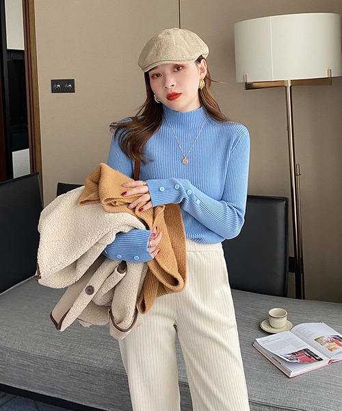 Doula Doula（ドゥーラドゥーラ）の「袖ボタンリブニットトップス（ニット/セーター・レディース・オレンジ/ベージュ/モカ/キャメル/グリーン/ホワイト/ブラウン/グレー/ブルー/ブラック・FREE）」の19枚目の写真