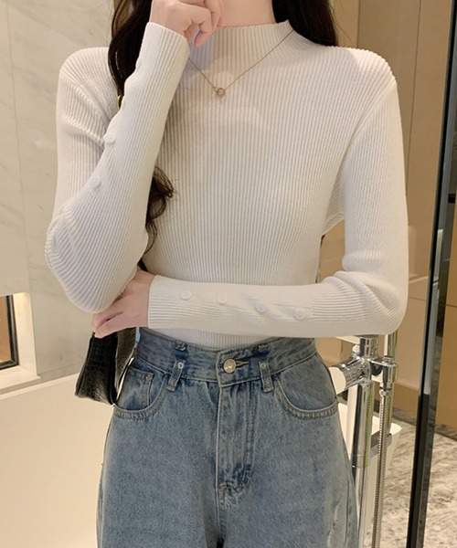 Doula Doula（ドゥーラドゥーラ）の「袖ボタンリブニットトップス（ニット/セーター・レディース・オレンジ/ベージュ/モカ/キャメル/グリーン/ホワイト/ブラウン/グレー/ブルー/ブラック・FREE）」の11枚目の写真