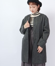 NOBLE ツイード　ヘリンボーン　ノーカラーコート　ロング　ウール ebure ヘリンボーン ノーカラー ツイード ロングコート ウール 36