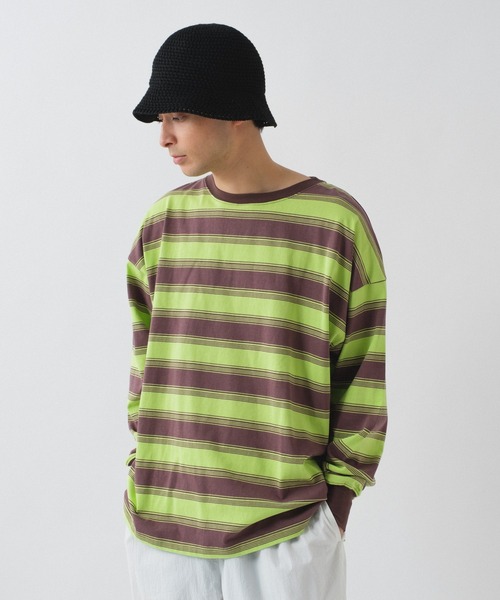 WHIMSIC（ウィムジック）の「【UNISEX】マルチボーダーロングスリーブTEE（Tシャツ/カットソー・メンズ・ホワイト/ブラウン/パープル/イエロー・FREE）」の9枚目の写真