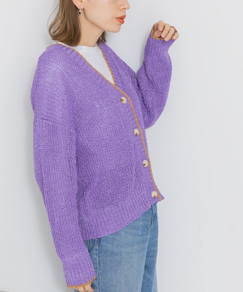 URBAN RESEARCH Sonny Label（アーバンリサーチサニーレーベル）の「配色片畦ゆるカーディガン（カーディガン/ボレロ・レディース・ブラック/オフホワイト/パープル・FREE）」の6枚目の写真