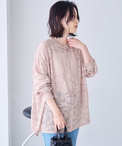 Chaco closet（チャコ クローゼット）の「シアージャガードレースボリュームスリーブ長袖シャツ（シャツ/ブラウス・レディース・ブラック/アイボリー/オフホワイト/ピンク・FREE）」の4枚目の写真