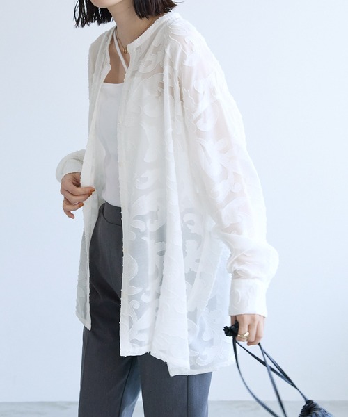 Chaco closet（チャコ クローゼット）の「シアージャガードレースボリュームスリーブ長袖シャツ（シャツ/ブラウス・レディース・ブラック/アイボリー/オフホワイト/ピンク・FREE）」の5枚目の写真