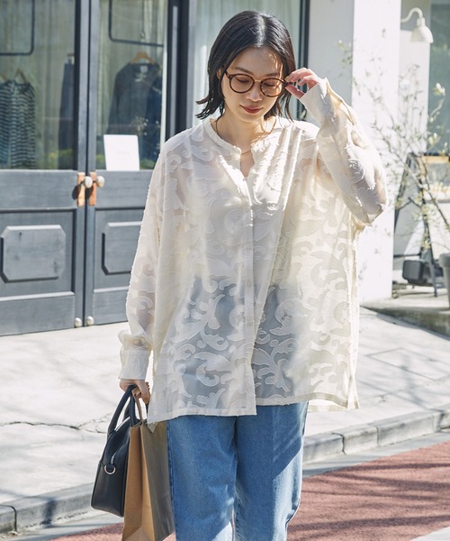 Chaco closet（チャコ クローゼット）の「シアージャガードレースボリュームスリーブ長袖シャツ（シャツ/ブラウス・レディース・ブラック/アイボリー/オフホワイト/ピンク・FREE）」の6枚目の写真