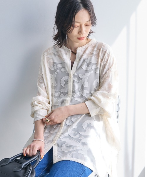 Chaco closet（チャコ クローゼット）の「シアージャガードレースボリュームスリーブ長袖シャツ（シャツ/ブラウス・レディース・ブラック/アイボリー/オフホワイト/ピンク・FREE）」の12枚目の写真