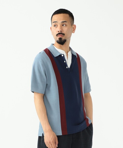 BEAMS PLUS(ビームスプラス)の「BEAMS PLUS / コットンニット ストライプ ポロシャツ(ポロシャツ・メンズ・サックスブルー/ブラウン/ネイビー・S/XL/M/L)」の8枚目の写真