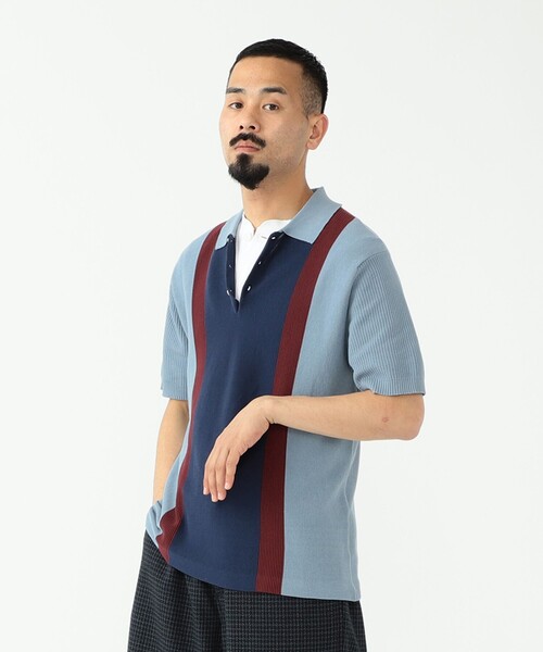 BEAMS PLUS(ビームスプラス)の「BEAMS PLUS / コットンニット ストライプ ポロシャツ(ポロシャツ・メンズ・サックスブルー/ブラウン/ネイビー・S/XL/M/L)」の9枚目の写真
