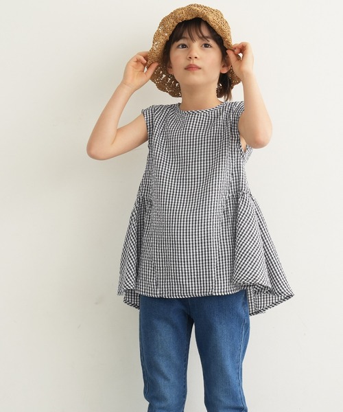 coca（coca）（コカ）の「キッズ　サッカーチェック裾フリルノースリーブトップス（シャツ/ブラウス・キッズ・グリーン/ブラック・110/120/130/140）」の2枚目の写真