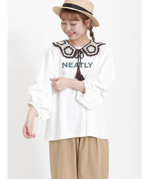 Samansa Mos2(サマンサ モスモス)の「ロゴプリント袖タックTシャツ(Tシャツ/カットソー・レディース・チャコール/イエロー/オフホワイト/グリーン/ピンク・フリ-)」の2枚目の写真