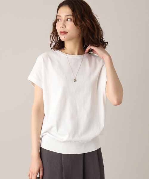 UNTITLED（アンタイトル）の「◆【清涼感／ゆったり／洗える】コットンエステル フレンチスリーブニット（ニット/セーター・レディース・オフホワイト/ネイビー系2/ワイン系4/ネイビー/ワインレッド/ネイビー系5・00/44/02/04/48）」の2枚目の写真