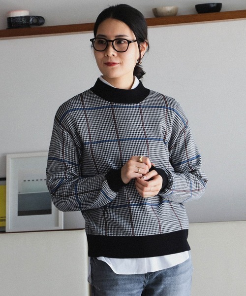 BEAMS HEART / ハイネックチェック ニットプルオーバー（ニット