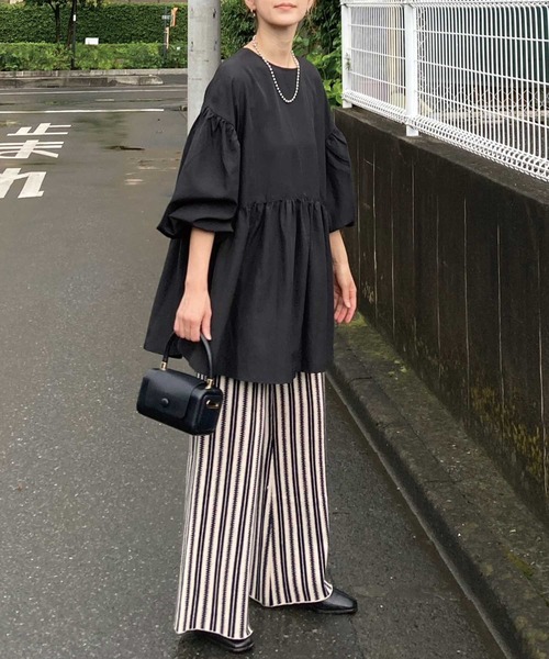 CORNERS by KR(コーナーズバイケーアール)の「CORNERS by KR ストライプニットパンツ(その他パンツ・レディース・ブラック/グレー/ブラック×ホワイト・M/L)」の2枚目の写真